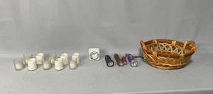 lot 11 image: Lot of Decorative Candle Holders, Flashlights, Timer, and Wicker Basket