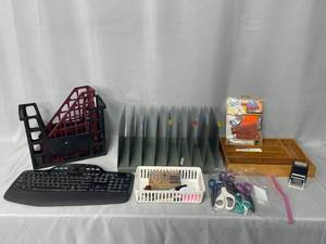 lot 17 image: Assorted Office Supplies Lot with Keyboard, File Organizers, and More