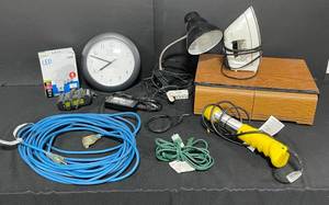 lot 97 image: Mixed Household and Electrical Items - Clock, Lamp, Iron, Extension Cords, and More