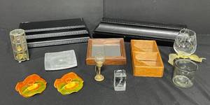 lot 171 image: Mixed Lot of Home Decor Items - Glassware, Wooden Boxes, Candle Holders