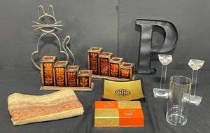 lot 191 image: Assorted Home Decor Lot Candle Holders, Metal Cat, Letter P, and More