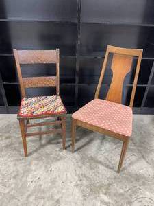 lot 195 image: Pair of Vintage Wooden Chairs with Upholstered Seats (Bookcase not included)