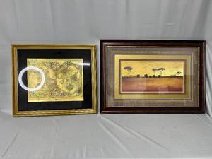 lot 200 image: 2 Beautiful Framed Pieces of Artwork - Globe Themed and Desert Themed - Great Condition