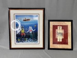 lot 201 image: Framed Cat-Themed Artwork Set