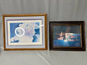 lot 202 image: Lot of 2 Framed Artwork Pieces - Floral and Nautical Themes