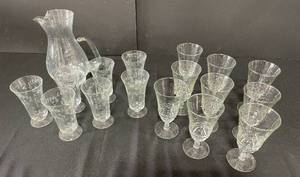 lot 36 image: Vintage Crystal Etched Glassware Set with Pitcher