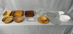 lot 25 image: Assorted Wicker Baskets and Glass Bakeware Lot