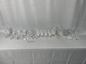 lot 39 image: Assorted Crystal and Glassware Lot - Candle Holders, Goblets, Vases, and More