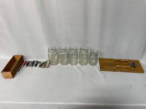 lot 68 image: Vintage Kitchen Lot with Jars, Knives, Box, and Wooden Base