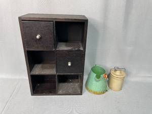 lot 76 image: Vintage Wooden Drawer Organizer with Metal Canisters