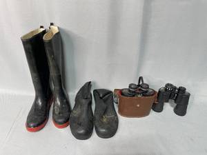 lot 78 image: Lot of Heavy Duty Rain Boots and Binoculars with Case