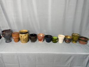 lot 150 image: Assorted Decorative Ceramic and Clay Flower Pots - Lot of 12
