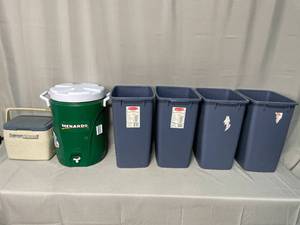 lot 152 image: Lot of Coleman Cooler, Menards Beverage Cooler & Rubbermaid Wastebaskets