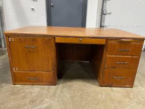 lot 180 image: Vintage Wooden Office Desk with Multiple Drawers