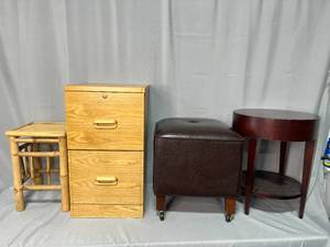 lot 158 image: Assorted Small Furniture Lot - Bamboo Stool, Wood File Cabinet, Brown Ottoman, and Round Side Table