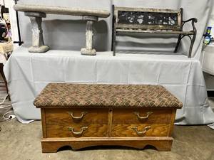 lot 157 image: Lot of Outdoor Concrete Bench, Cast Iron Bench, & Padded Storage Bench