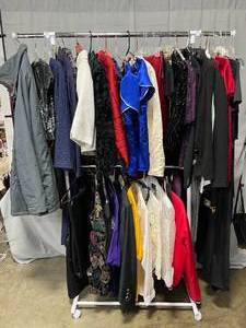 lot 193 image: Assorted Vintage Mens and Womens Clothing Lot on Garment Rack