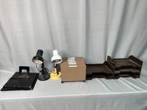 lot 104 image: Assorted Office Supplies Including Lamps, File Holders, and Organizers