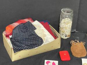 lot 34 image: Vintage Jewelry Lot with Buttons, Handkerchiefs, and Accessories