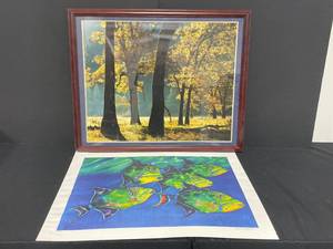 lot 140 image: Lot of 2 Pieces of Artwork - One Fish Themed and One Autumn Themed (framed)