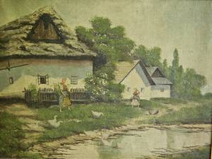 lot 51 image: Thatch Cottage Rural Countryside Scene Framed Painting