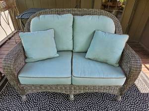 lot 9 image: Grey Wicker Patio Loveseat with Robins Eggs Blue Cushions & Pillows