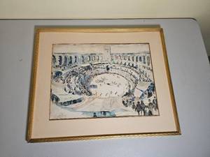 lot 80 image: Vintage Bull Fighting Scene Watercolor by Joseph Permele