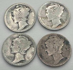 lot 71 image: Lot of 4 Better Date Mercury Dimes
