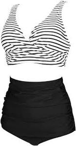 lot 23 image: COCOSHIP Black & White Striped Womens High Waist Ruched Bikini Set Tie Front Short Sleeve Top Ruffle Straps Bath Swimwear 10