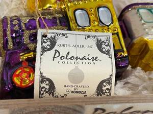 lot 158 image: Komozja Polanise Hand Crafted Train Ornaments in Original Wooden Crate