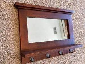lot 170 image: Wooden Wall Mount Mirror with Coat Hooks