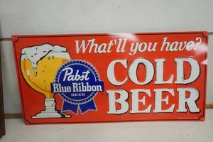 lot 925 image: Pabst Blue Ribbon Cold Beer  Metal Sign