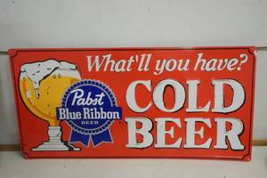 lot 926 image: Pabst Blue Ribbon Cold Beer  Metal Sign