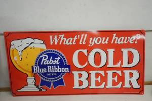 lot 927 image: Pabst Blue Ribbon Cold Beer  Metal Sign