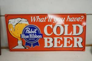 lot 930 image: Pabst Blue Ribbon Cold Beer  Metal Sign