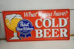 lot 932 image: Pabst Blue Ribbon Cold Beer  Metal Sign