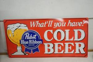 lot 934 image: Pabst Blue Ribbon Cold Beer  Metal Sign