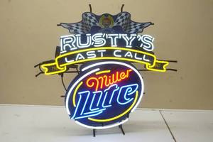 lot 17 image: Rustys Last Call Miller Light Neon Beer Sign 28 x 27