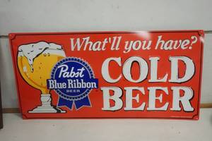 lot 929 image: Pabst Blue Ribbon Cold Beer  Metal Sign