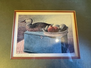 lot 30 image: Rooster Trash Can and Wildlife Print Pomegranate Sun by Arnie Frisk