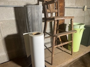 lot 119 image: Treasures - Antique Chair, Roll of Screen, Tin Piece, Roll of Heavy White Paper, Two Containers