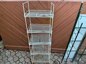 lot 186 image: Two Metal Shelves, Twin Seat Lawn Chair and Garden Tools