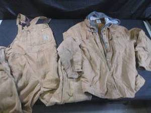 lot 412 image: (F-2) Carhartt Overalls Size 42x32 and Dickies Coat with Hood Size MM (38-40) - Both Pre-Worn
