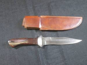 lot 14 image: (CNTR) Fighter Fixed Blade Knife - Maker Tommy Lee - Damascus Blade  Ironwood Handle - Valued At $700 -  11 58 Overall Length