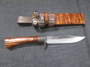 lot 19 image: (CNTR) Japanese Style Garden Knife - Square Wooden ScabbardSheath - Brute de Forge Blade - Valued At $100 -  Knife 9 58 Overall Length