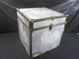 lot 81 image: (EC1) Swans on Wood with Metal Trim Trunk  Storage Box 16 x 16 x 16