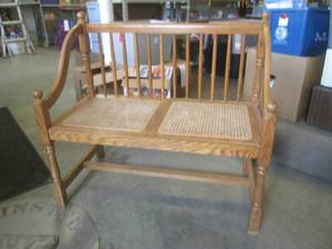 lot 103 image: (EW1) Wood Bench with Wicker Seat Panels - 38 Wide