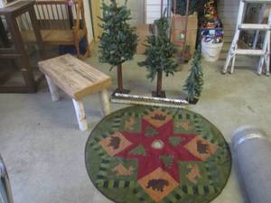 lot 110 image: (EW1) Christmas - 3pc Trees Decor, Wrapping Paper, Tree Skirt and Wood Bench