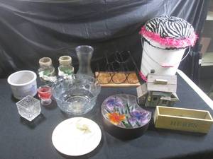 lot 111 image: (EW6) Assorted Decor - Bird House, Bird Feeder, Wine Rack, Small Crock and Other