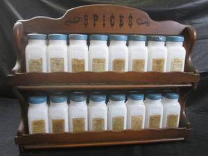 lot 138 image: (EC1) Vintage Wood Spice Rack with Spice Bottles